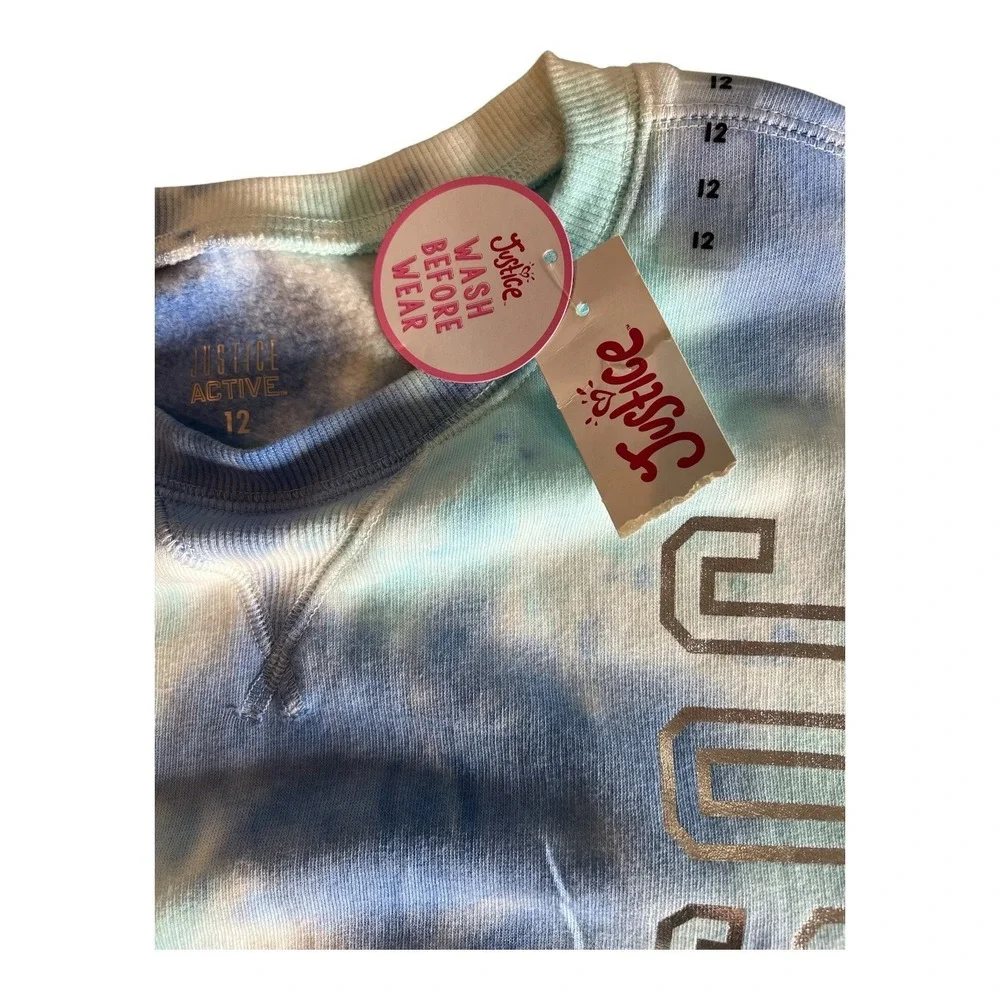 NWT Justice Active Girls Tie Dye Crop Sweatshirt Blue Size 12 Drawstring Hem
